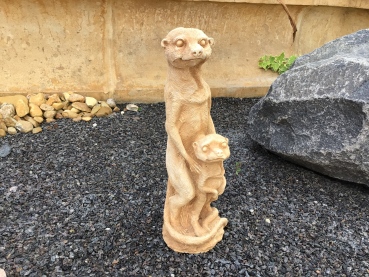 Gartenfigur, niedliches Erdmännchen mit Kind 34 cm hoch, Park & Gartendekoration, Skulptur, Steinfigur, Steinguss