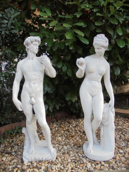Gartenfiguren, David & Eva mit Apfel in der Hand