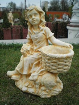 Gartenfigur "Mädchen mit Hase und Pflanztopf" Steinfigur, Park & Gartendekoration, Skulptur, Steinguss