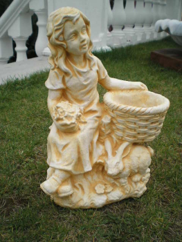 Gartenfigur "Mädchen mit Hase und Pflanztopf" Steinfigur, Park & Gartendekoration, Skulptur, Steinguss