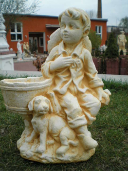 Gartenfigur "Junge mit Hund und Pflanztopf" Steinfigur, Park & Gartendekoration, Skulptur, Steinguss