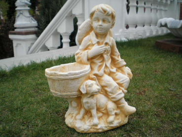 Gartenfigur "Junge mit Hund und Pflanztopf" Steinfigur, Park & Gartendekoration, Skulptur, Steinguss