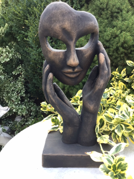 Steinfigur Hände mit Gesicht, Gartenfigur Steinguss, 37 cm, Büste