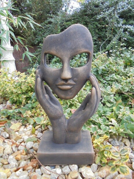 Steinfigur Hände mit Gesicht, Gartenfigur Steinguss, 37 cm, Büste