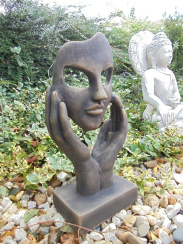 Preview: Steinfigur Hände mit Gesicht, Gartenfigur Steinguss, 37 cm, Büste