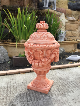Amphore, Widderkopfvase / Vase mit Deckel, 90 cm hoch, Park & Gartendekoration, Pflanzschale, Steinguss