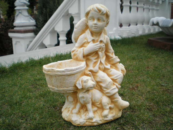 Gartenfigur "Junge mit Hund und Pflanztopf" Steinfigur, Park & Gartendekoration, Skulptur, Steinguss