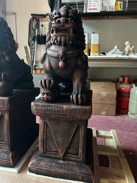 Tempellöwen Set, Fu Löwen, Fu Dogs, Wächterlöwen, Steinguss, Statuen, Skulpturen, Steinfiguren