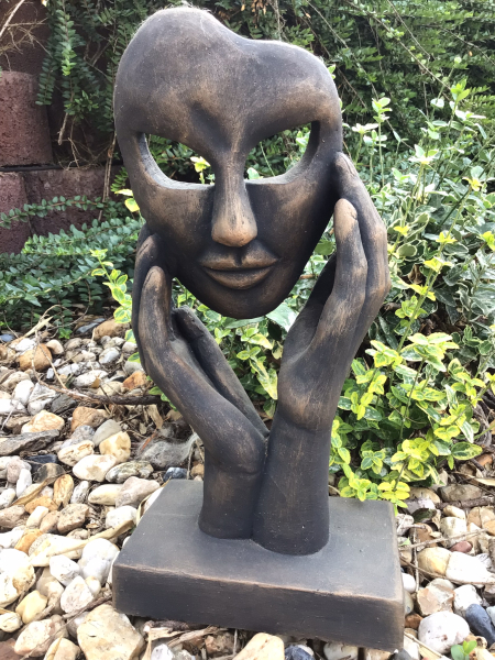 Steinfigur Hände mit Gesicht, Gartenfigur Steinguss, 37 cm, Büste