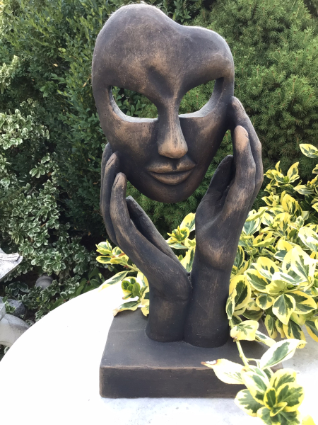 Steinfigur Hände mit Gesicht, Gartenfigur Steinguss, 37 cm, Büste