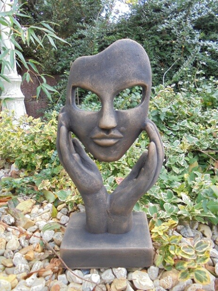 Steinfigur Hände mit Gesicht, Gartenfigur Steinguss, 37 cm, Büste