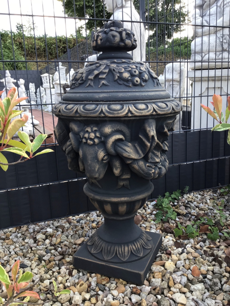 Amphore, Widderkopfvase / Vase mit Deckel, 90 cm hoch, Park & Gartendekoration, Pflanzschale, Steinguss