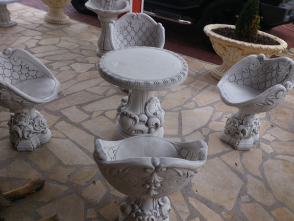 Steinmöbel, Sitzgruppe, Tisch, Hocker, Gartenbank